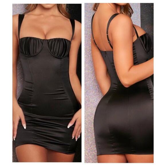 Oh Polly Black Satin Midnight Romance Mini Dress Size 4 - Picture 3 of 9